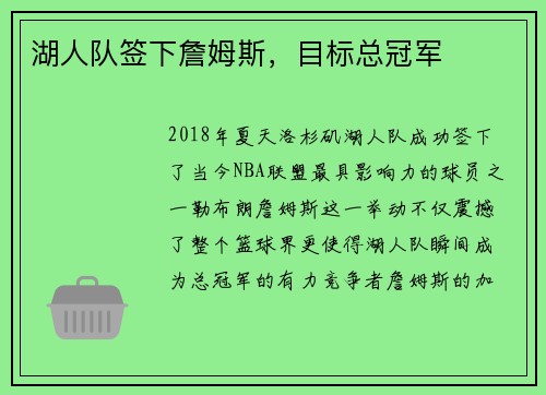 湖人队签下詹姆斯，目标总冠军