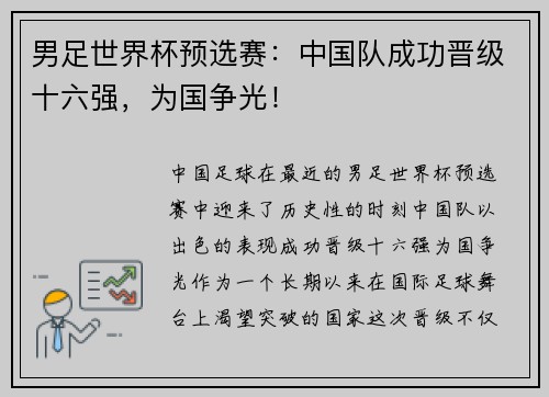 男足世界杯预选赛：中国队成功晋级十六强，为国争光！