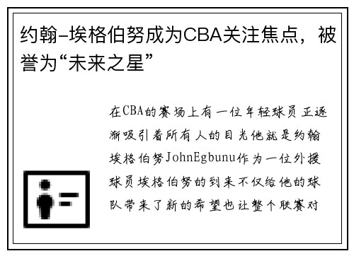 约翰-埃格伯努成为CBA关注焦点，被誉为“未来之星”