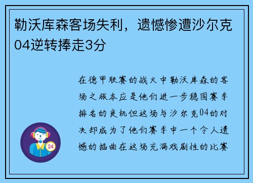 勒沃库森客场失利，遗憾惨遭沙尔克04逆转捧走3分