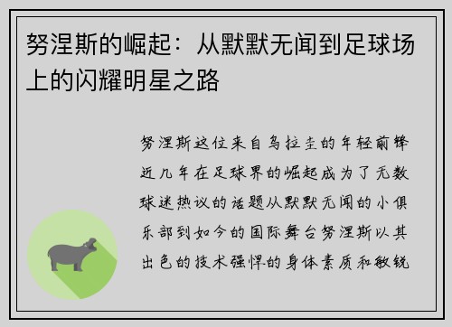 努涅斯的崛起：从默默无闻到足球场上的闪耀明星之路