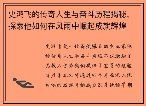 史鸿飞的传奇人生与奋斗历程揭秘，探索他如何在风雨中崛起成就辉煌