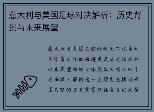 意大利与美国足球对决解析：历史背景与未来展望