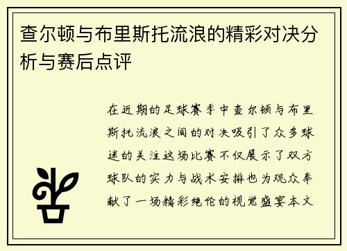 查尔顿与布里斯托流浪的精彩对决分析与赛后点评