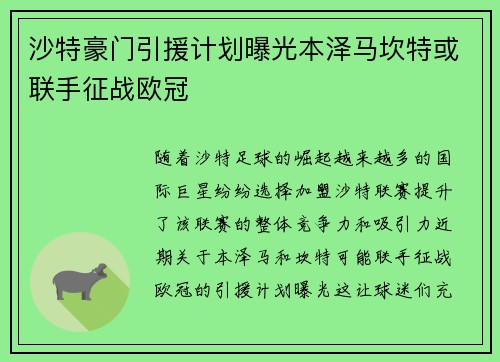沙特豪门引援计划曝光本泽马坎特或联手征战欧冠