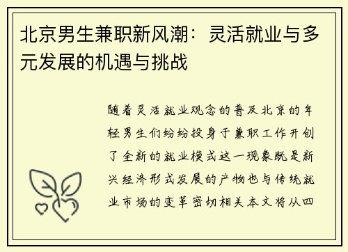 北京男生兼职新风潮：灵活就业与多元发展的机遇与挑战
