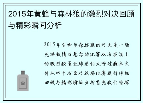 2015年黄蜂与森林狼的激烈对决回顾与精彩瞬间分析