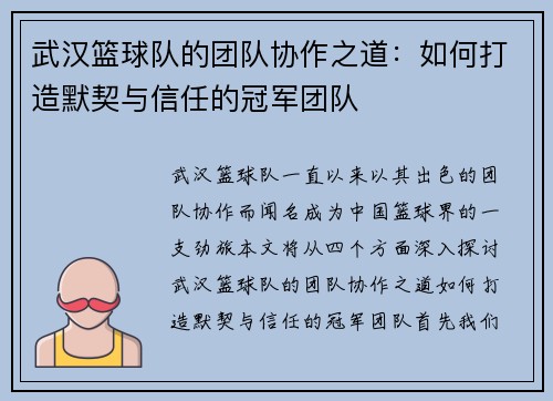 武汉篮球队的团队协作之道：如何打造默契与信任的冠军团队