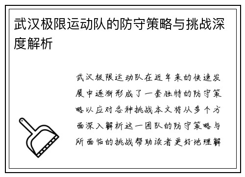 武汉极限运动队的防守策略与挑战深度解析