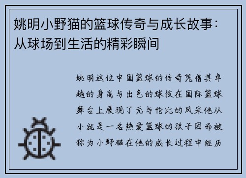 姚明小野猫的篮球传奇与成长故事：从球场到生活的精彩瞬间