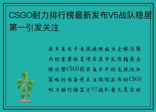 CSGO耐力排行榜最新发布V5战队稳居第一引发关注