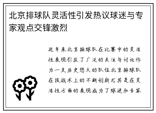北京排球队灵活性引发热议球迷与专家观点交锋激烈