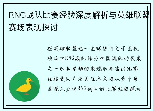 RNG战队比赛经验深度解析与英雄联盟赛场表现探讨