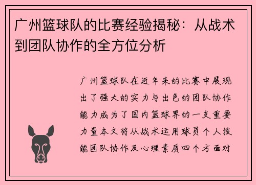 广州篮球队的比赛经验揭秘：从战术到团队协作的全方位分析
