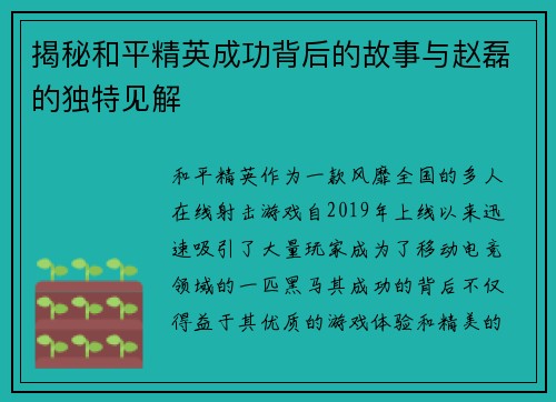 揭秘和平精英成功背后的故事与赵磊的独特见解